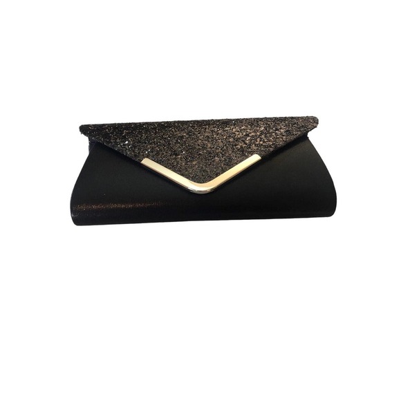 EVENING Bag Black Satin Glitter Clutch with Silver Hardware and Chain - Picture 10 of 10